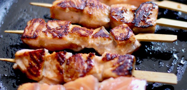 Pan Seared Honey Garlic Salmon Skewers and Fruity Summer Salad - Soul ...