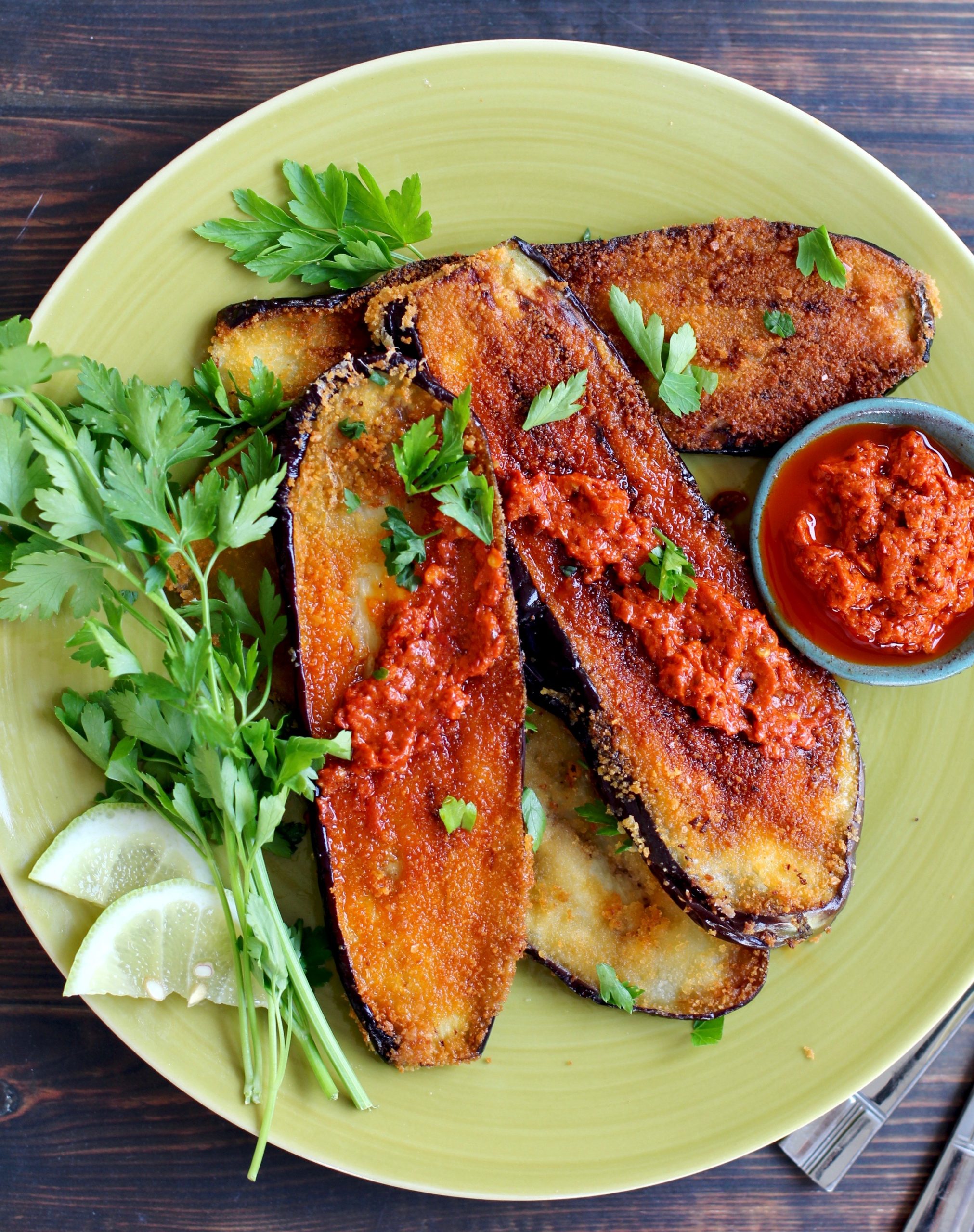 crispy fried eggplant with homemade harissa