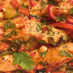 oven baked moroccan salmon with fire roasted peppers