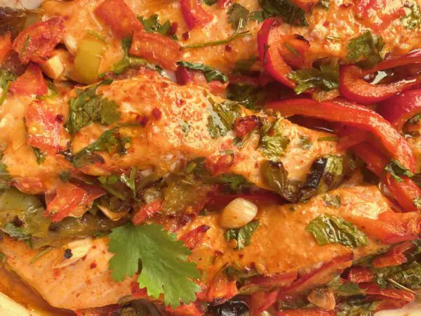 oven baked moroccan salmon with fire roasted peppers