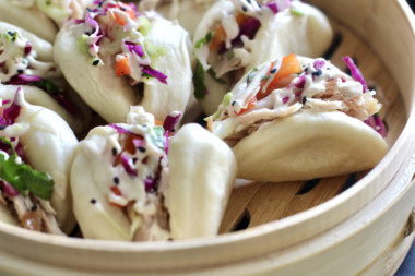 steamed bao with island filling in a steamer