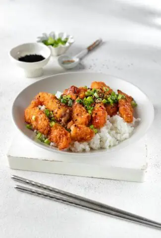 sweet chili salmon poppers over rice