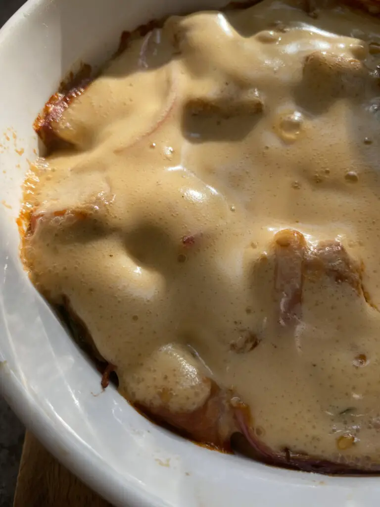 poke bake hot from the oven with creamy sauce 