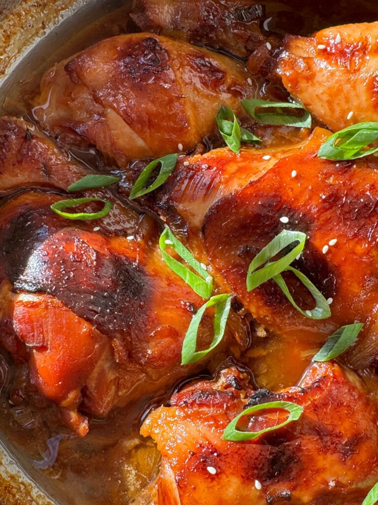 Close up of finished shoyu chicken in pot