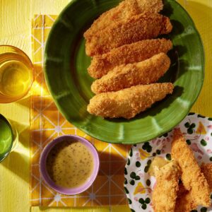 Panko coated fish fingers with lilikoi mustard